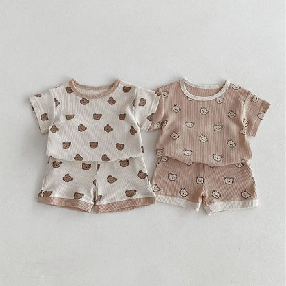 半袖セットアップ ベビーセットアップ 2点セット ワッフル 半袖Tシャツ+ショートパンツ ベアくまプリント 2カラー【mh0006168】