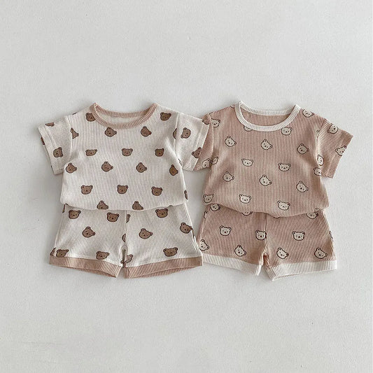 半袖セットアップ ベビーセットアップ 2点セット ワッフル 半袖Tシャツ+ショートパンツ ベアくまプリント 2カラー【mh0006168】