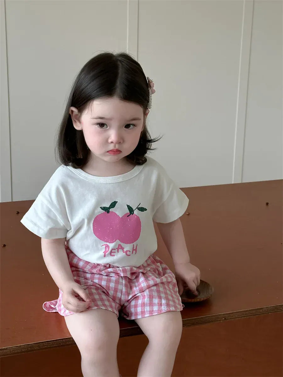 半袖セットアップ ベビーセットアップ 2点セット 半袖Tシャツ+ショートパンツ フルーツプリント チェック 2カラー【mh0006274】
