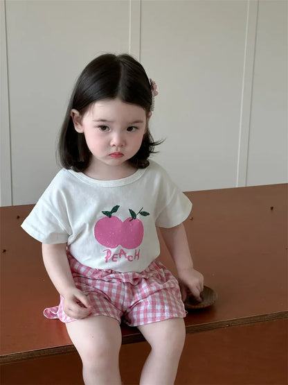 半袖セットアップ ベビーセットアップ 2点セット 半袖Tシャツ+ショートパンツ フルーツプリント チェック 2カラー【mh0006274】