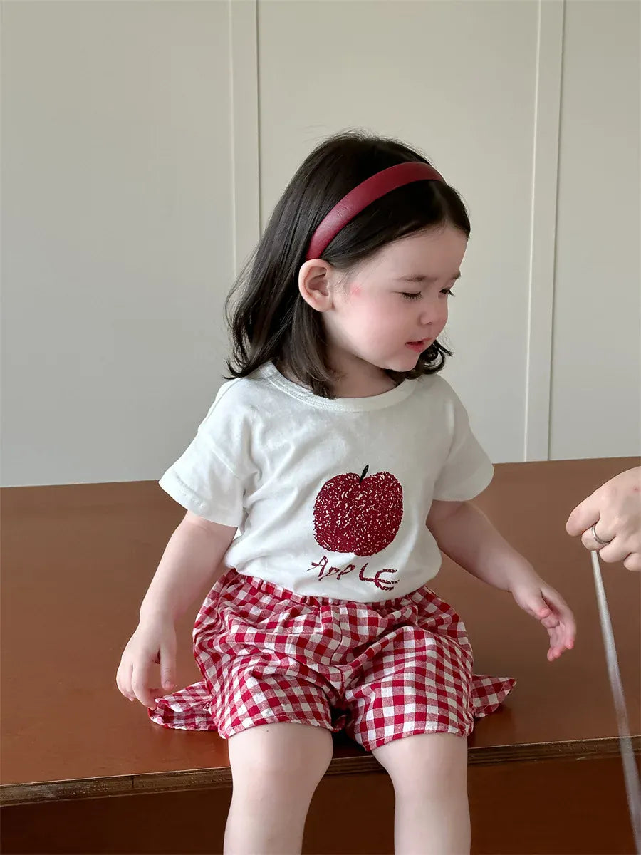 半袖セットアップ ベビーセットアップ 2点セット 半袖Tシャツ+ショートパンツ フルーツプリント チェック 2カラー【mh0006274】