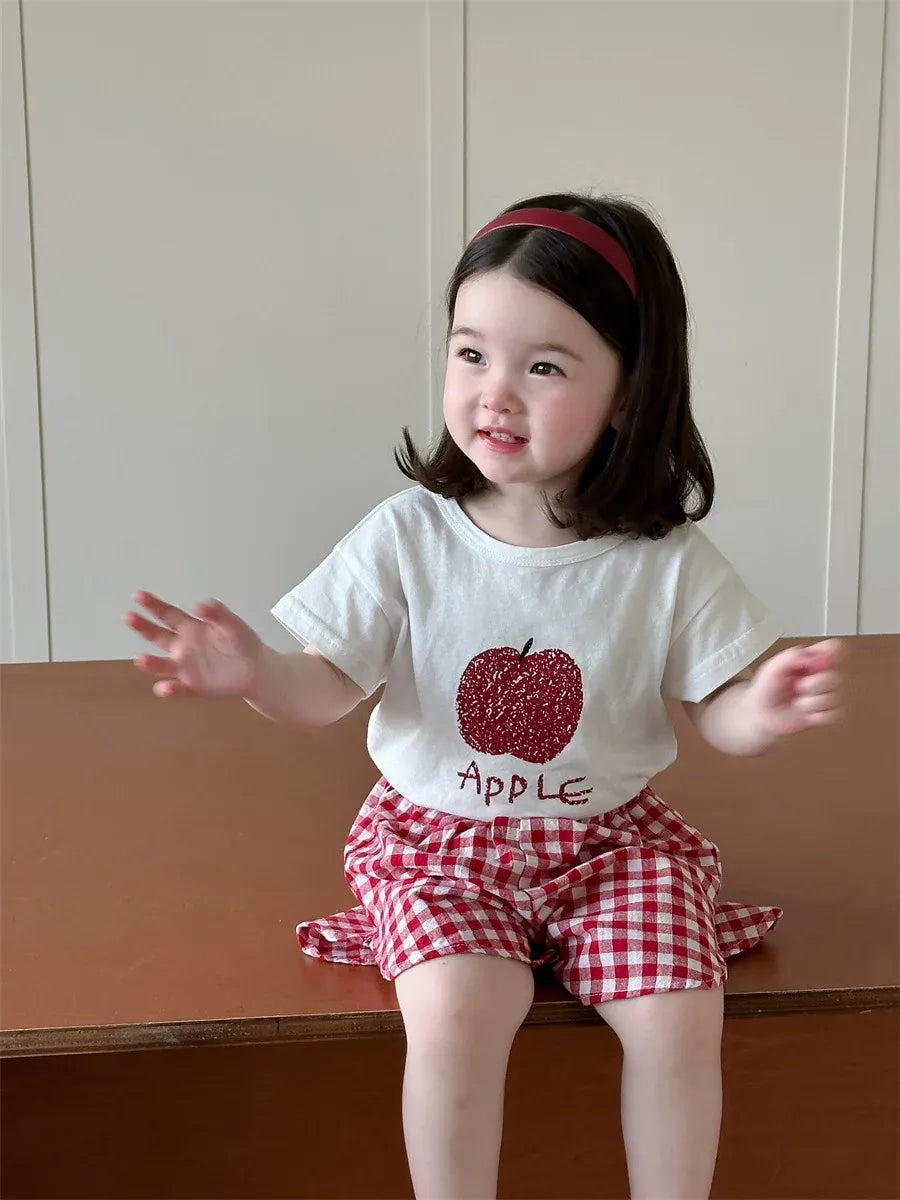 半袖セットアップ ベビーセットアップ 2点セット 半袖Tシャツ+ショートパンツ フルーツプリント チェック 2カラー【mh0006274】