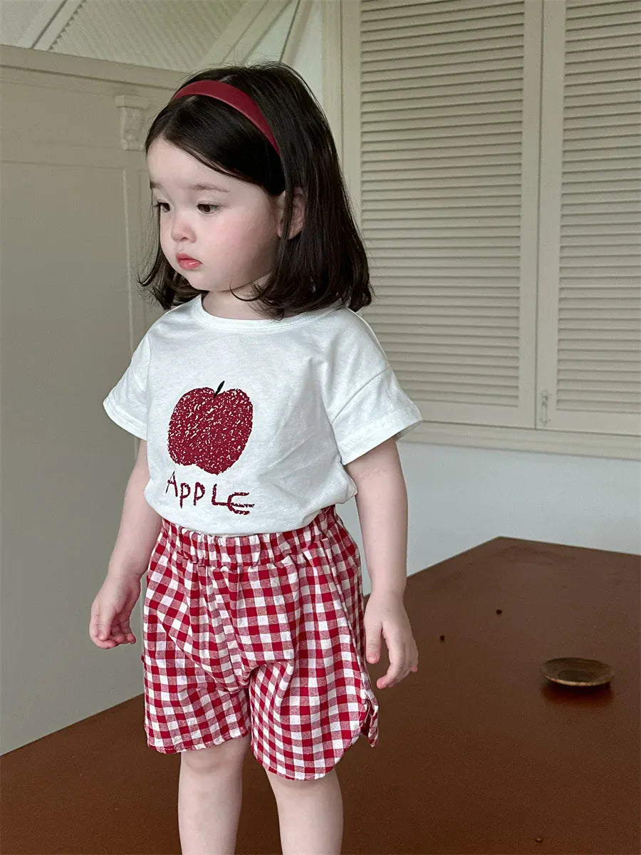半袖セットアップ ベビーセットアップ 2点セット 半袖Tシャツ+ショートパンツ フルーツプリント チェック 2カラー【mh0006274】