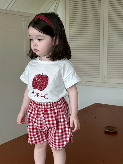 半袖セットアップ ベビーセットアップ 2点セット 半袖Tシャツ+ショートパンツ フルーツプリント チェック 2カラー【mh0006274】