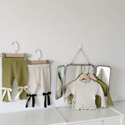 長袖セットアップ ベビーセットアップ 2点セット 長袖Tシャツ+リボンロングパンツ 2カラー【mh0006399】