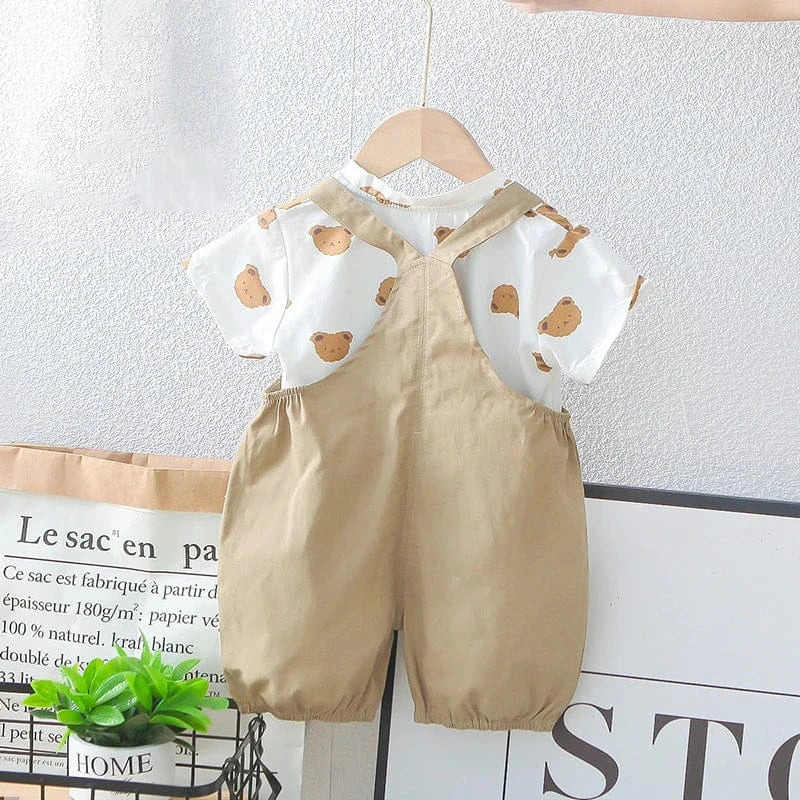 半袖セットアップ キッズセットアップ 2点セット 半袖Tシャツ+オーバーオール ベアくま 2カラー【mh0006526】