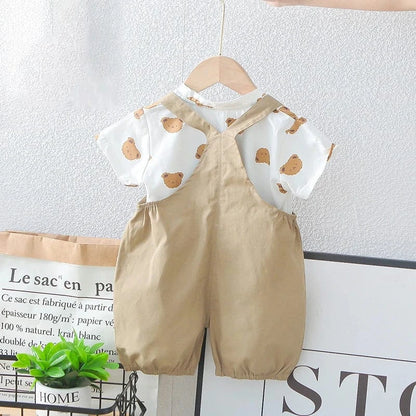 半袖セットアップ キッズセットアップ 2点セット 半袖Tシャツ+オーバーオール ベアくま 2カラー【mh0006526】