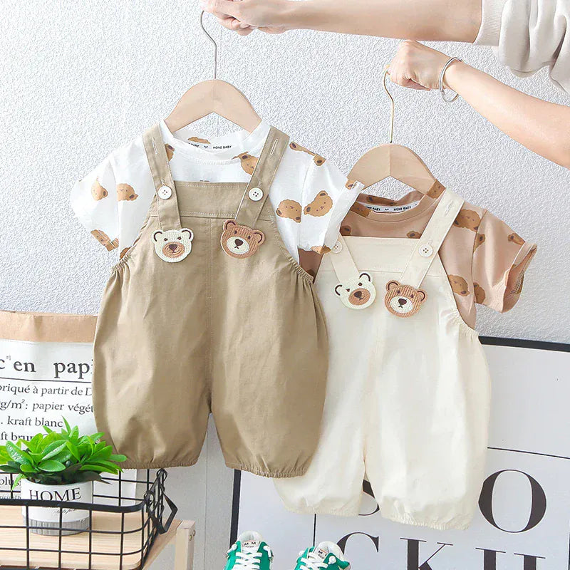 半袖セットアップ キッズセットアップ 2点セット 半袖Tシャツ+オーバーオール ベアくま 2カラー【mh0006526】