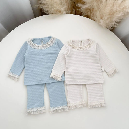 長袖セットアップ ベビーセットアップ 2点セット レースフリル長袖Tシャツ+裾レースフリルパンツ 2カラー【mh0006714】