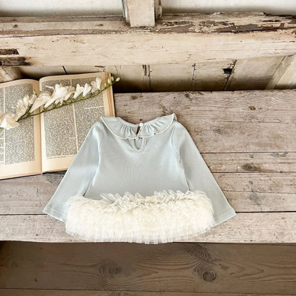 長袖セットアップ ベビーセットアップ 2点セット 裾チュールフリルペプラム長袖Tシャツ+リボンレギンスパンツ 2カラー【mh0007105】