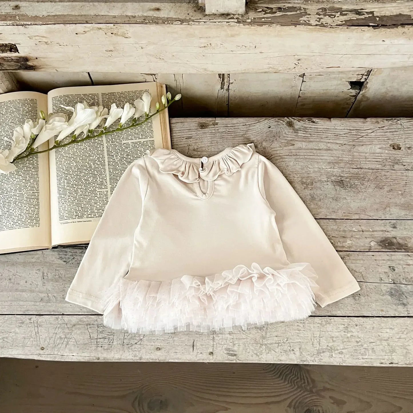 長袖セットアップ ベビーセットアップ 2点セット 裾チュールフリルペプラム長袖Tシャツ+リボンレギンスパンツ 2カラー【mh0007105】