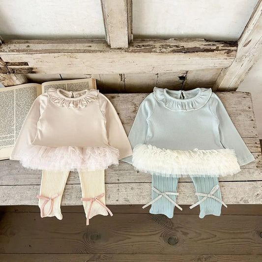 長袖セットアップ ベビーセットアップ 2点セット 裾チュールフリルペプラム長袖Tシャツ+リボンレギンスパンツ 2カラー【mh0007105】