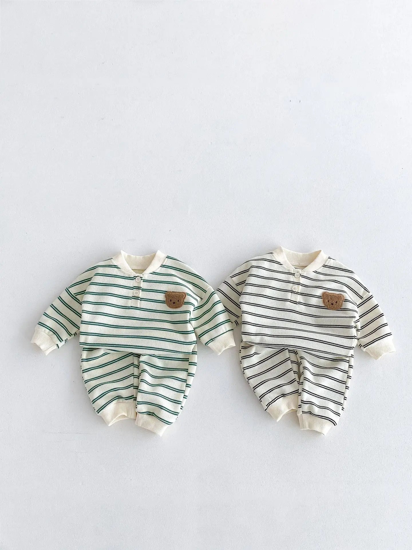 長袖セットアップ ベビーキッズセットアップ 2点セット ベアくまワッペンボーダー長袖Tシャツ+ロングパンツ 2カラー【mh0007143】