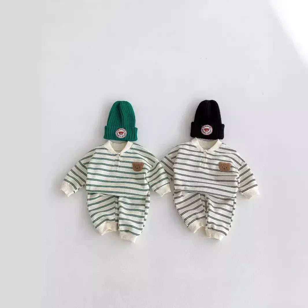 長袖セットアップ ベビーキッズセットアップ 2点セット ベアくまワッペンボーダー長袖Tシャツ+ロングパンツ 2カラー【mh0007143】