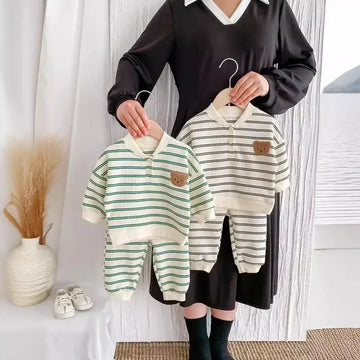 長袖セットアップ ベビーキッズセットアップ 2点セット ベアくまワッペンボーダー長袖Tシャツ+ロングパンツ 2カラー【mh0007143】