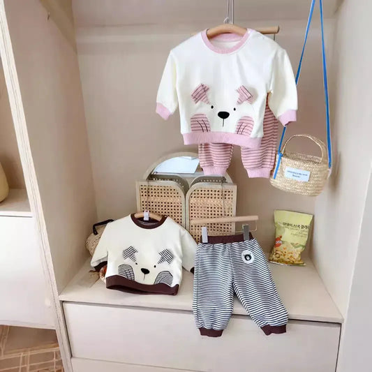 長袖セットアップ ベビーキッズセットアップ 2点セット ベアくまアップリケ長袖Tシャツ+ボーダーロングパンツ 2カラー【mh0007165】