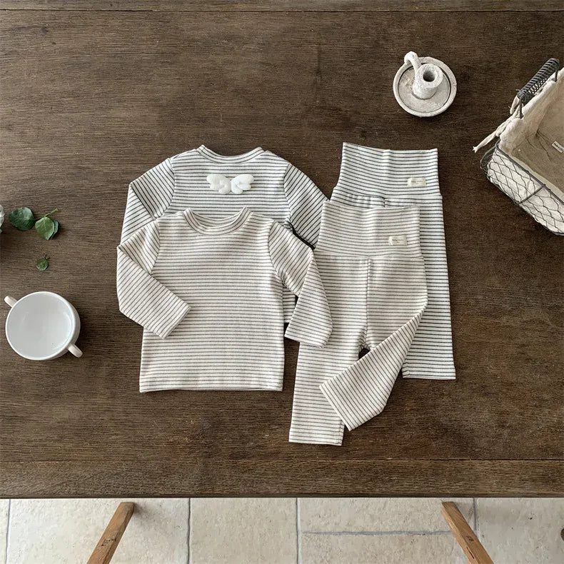 長袖セットアップ ベビーセットアップ 2点セット ボーダー天使の羽根長袖Tシャツ+ハイウェストパンツ 2カラー【mh0007212】