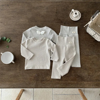 長袖セットアップ ベビーセットアップ 2点セット ボーダー天使の羽根長袖Tシャツ+ハイウェストパンツ 2カラー【mh0007212】