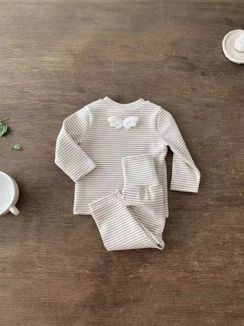 長袖セットアップ ベビーセットアップ 2点セット ボーダー天使の羽根長袖Tシャツ+ハイウェストパンツ 2カラー【mh0007212】