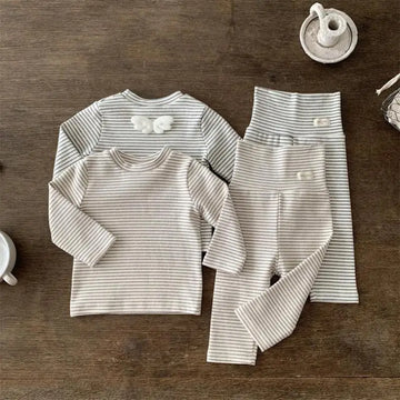 長袖セットアップ ベビーセットアップ 2点セット ボーダー天使の羽根長袖Tシャツ+ハイウェストパンツ 2カラー【mh0007212】