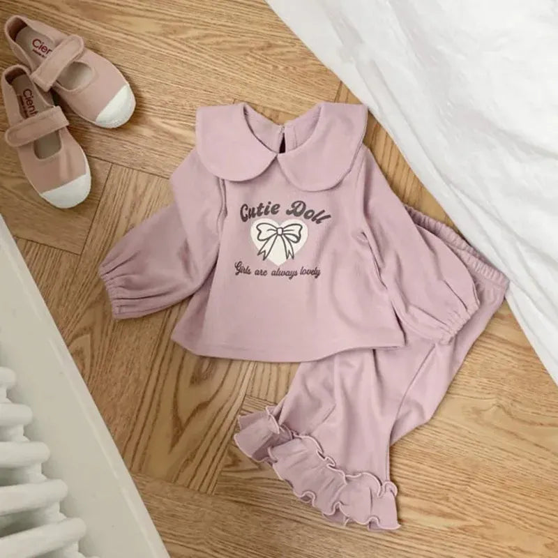 長袖セットアップ ベビーキッズセットアップ 2点セット リボンプリント丸襟長袖Tシャツ+裾フリルロングパンツ 2カラー【mh0007416】