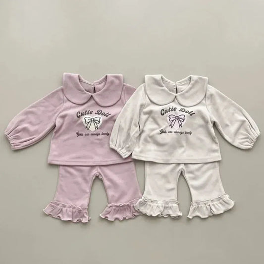 長袖セットアップ ベビーキッズセットアップ 2点セット リボンプリント丸襟長袖Tシャツ+裾フリルロングパンツ 2カラー【mh0007416】