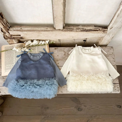 長袖セットアップ ベビーセットアップ 2点セット ハイネック長袖Tシャツ+裾チュールノースリーブドレスワンピース 2カラー【mh0007604】