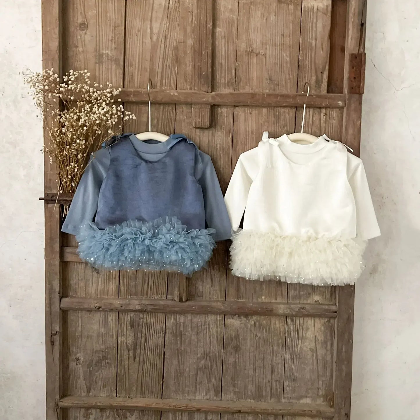 長袖セットアップ ベビーセットアップ 2点セット ハイネック長袖Tシャツ+裾チュールノースリーブドレスワンピース 2カラー【mh0007604】