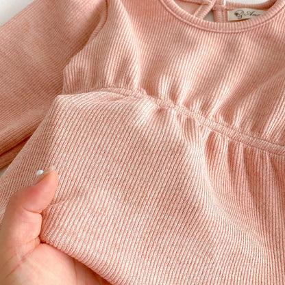 長袖セットアップ キッズセットアップ 2点セット 長袖パフスリーブチュニックTシャツ+ロングパンツ 3カラー