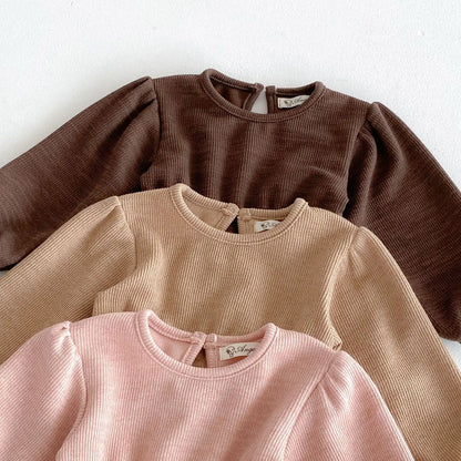 長袖セットアップ キッズセットアップ 2点セット 長袖パフスリーブチュニックTシャツ+ロングパンツ 3カラー