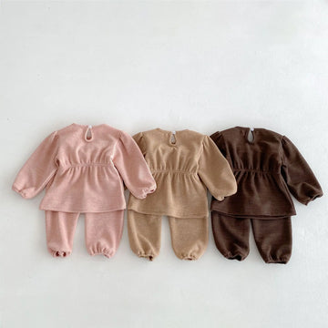 長袖セットアップ キッズセットアップ 2点セット 長袖パフスリーブチュニックTシャツ+ロングパンツ 3カラー
