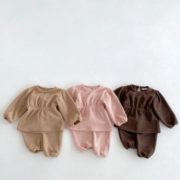 長袖セットアップ キッズセットアップ 2点セット 長袖パフスリーブチュニックTシャツ+ロングパンツ 3カラー