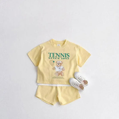 半袖セットアップ キッズセットアップ 2点セット 半袖プリントTシャツ+ショートパンツ ベアくまテニス 3カラー