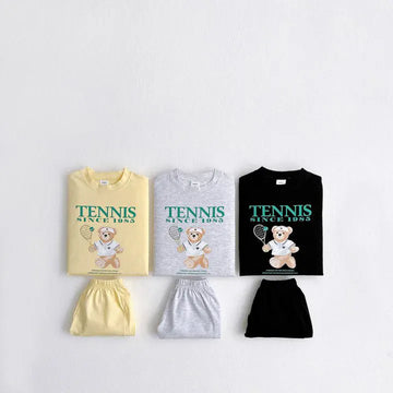 半袖セットアップ キッズセットアップ 2点セット 半袖プリントTシャツ+ショートパンツ ベアくまテニス 3カラー