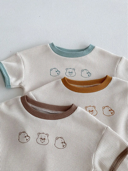 半袖セットアップ ベビーセットアップ 2点セット ワッフル 半袖Tシャツ+ショートパンツ ベアくまプリント 3カラー