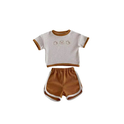 半袖セットアップ ベビーセットアップ 2点セット ワッフル 半袖Tシャツ+ショートパンツ ベアくまプリント 3カラー