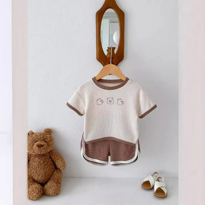 半袖セットアップ ベビーセットアップ 2点セット ワッフル 半袖Tシャツ+ショートパンツ ベアくまプリント 3カラー