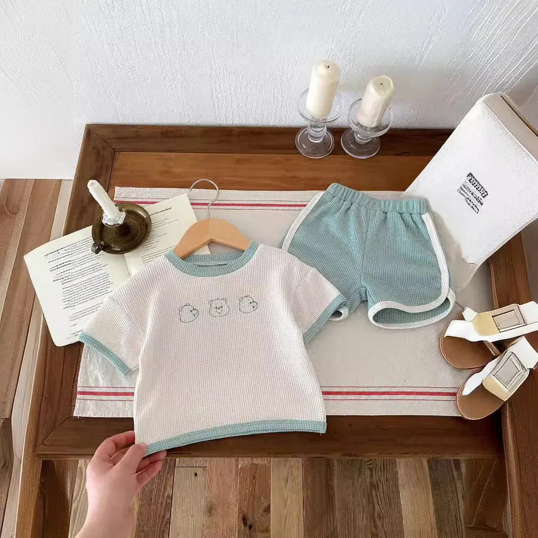 半袖セットアップ ベビーセットアップ 2点セット ワッフル 半袖Tシャツ+ショートパンツ ベアくまプリント 3カラー
