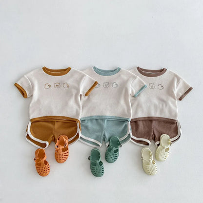 半袖セットアップ ベビーセットアップ 2点セット ワッフル 半袖Tシャツ+ショートパンツ ベアくまプリント 3カラー
