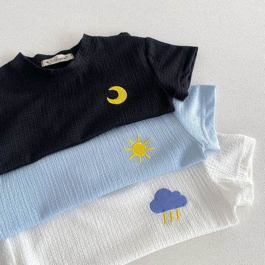 半袖セットアップ キッズセットアップ 2点セット 半袖Tシャツ+ショートパンツ 太陽/雲/月 ワンポイント刺繍 3カラー