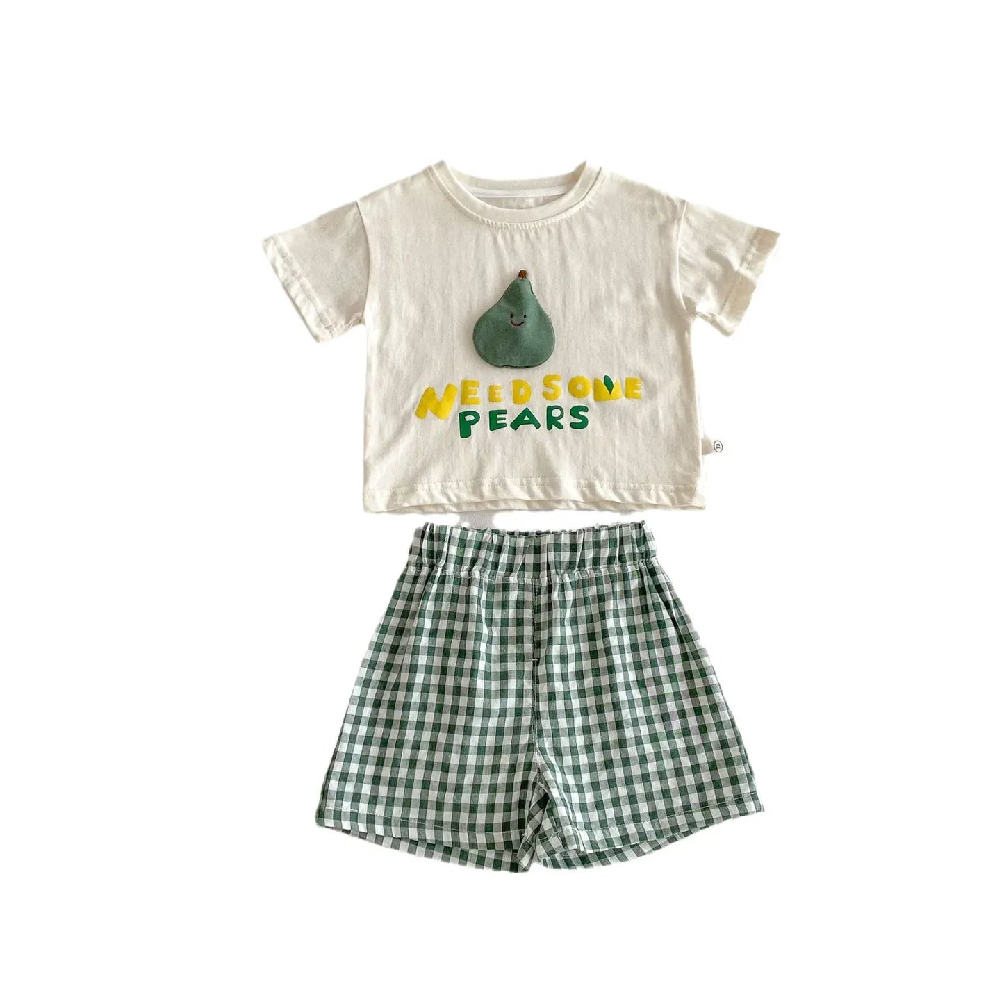 半袖セットアップ ベビーキッズセットアップ 2点セット 半袖アップリケTシャツ+チェックショートパンツ フルーツ 3カラー