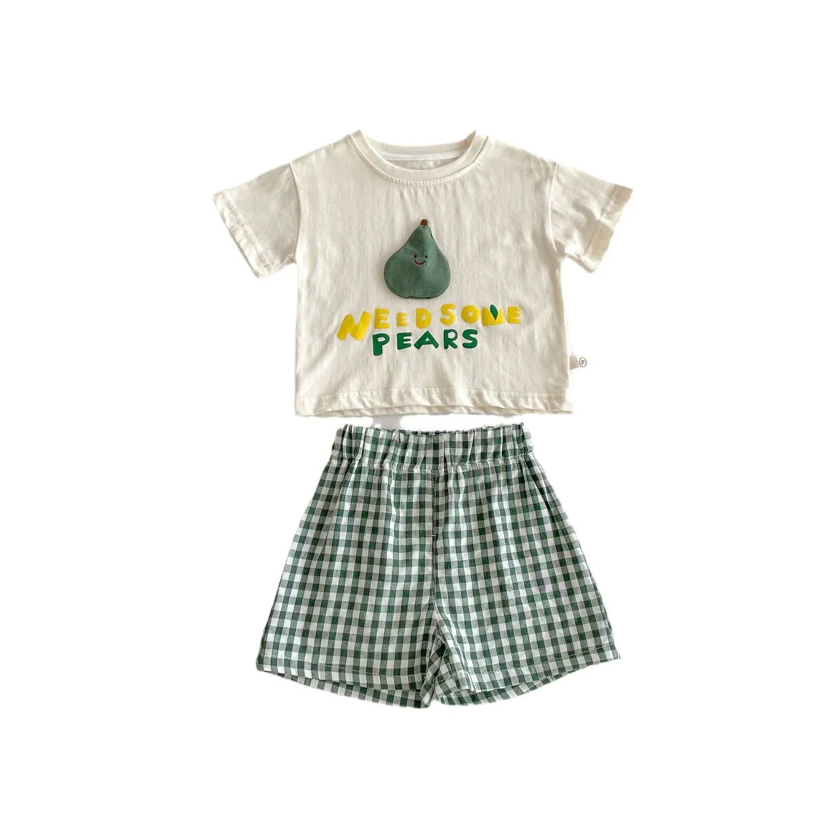 半袖セットアップ ベビーキッズセットアップ 2点セット 半袖アップリケTシャツ+チェックショートパンツ フルーツ 3カラー