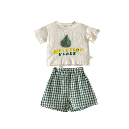 半袖セットアップ ベビーキッズセットアップ 2点セット 半袖アップリケTシャツ+チェックショートパンツ フルーツ 3カラー
