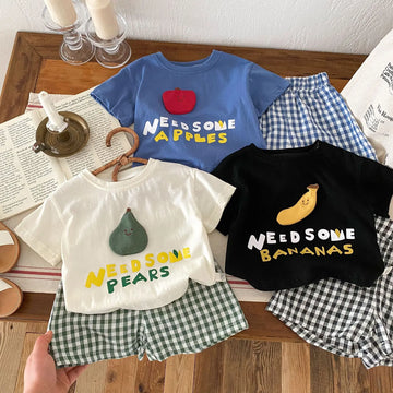 半袖セットアップ ベビーキッズセットアップ 2点セット 半袖アップリケTシャツ+チェックショートパンツ フルーツ 3カラー