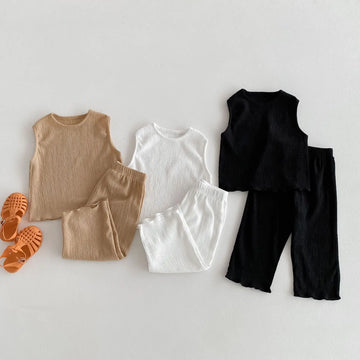 ノースリーブセットアップ キッズセットアップ 2点セット ノースリーブTシャツ+ワイドルーズパンツ ルームウェア 3カラー