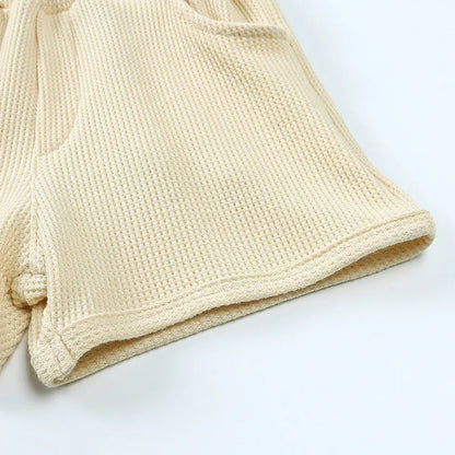 半袖セットアップ キッズセットアップ 2点セット ワッフル 半袖Tシャツ+ショートパンツ シンプルベーシック 3カラー