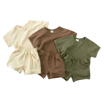 半袖セットアップ キッズセットアップ 2点セット ワッフル 半袖Tシャツ+ショートパンツ シンプルベーシック 3カラー