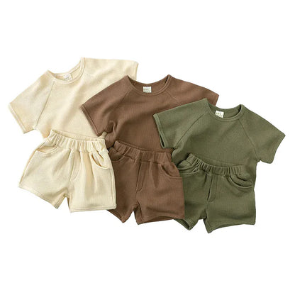 半袖セットアップ キッズセットアップ 2点セット ワッフル 半袖Tシャツ+ショートパンツ シンプルベーシック 3カラー