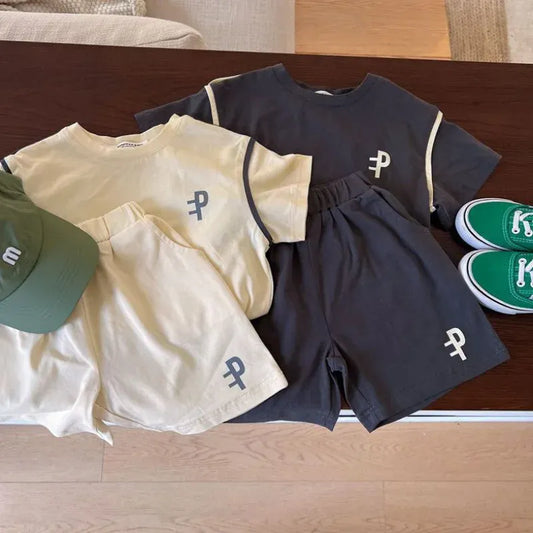 半袖セットアップ キッズセットアップ 2点セット 半袖Tシャツ+ショートパンツ ワンポイントロゴプリント 3カラー【mh0005393】