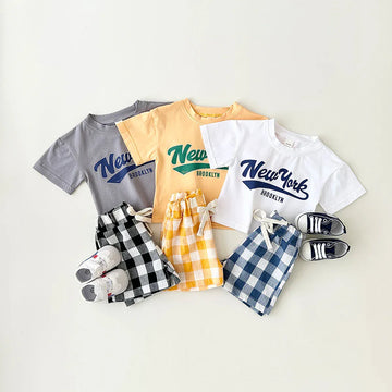 半袖セットアップ ベビーセットアップ 2点セット 半袖プリントTシャツ+チェックショートパンツ 3カラー【mh0005631】